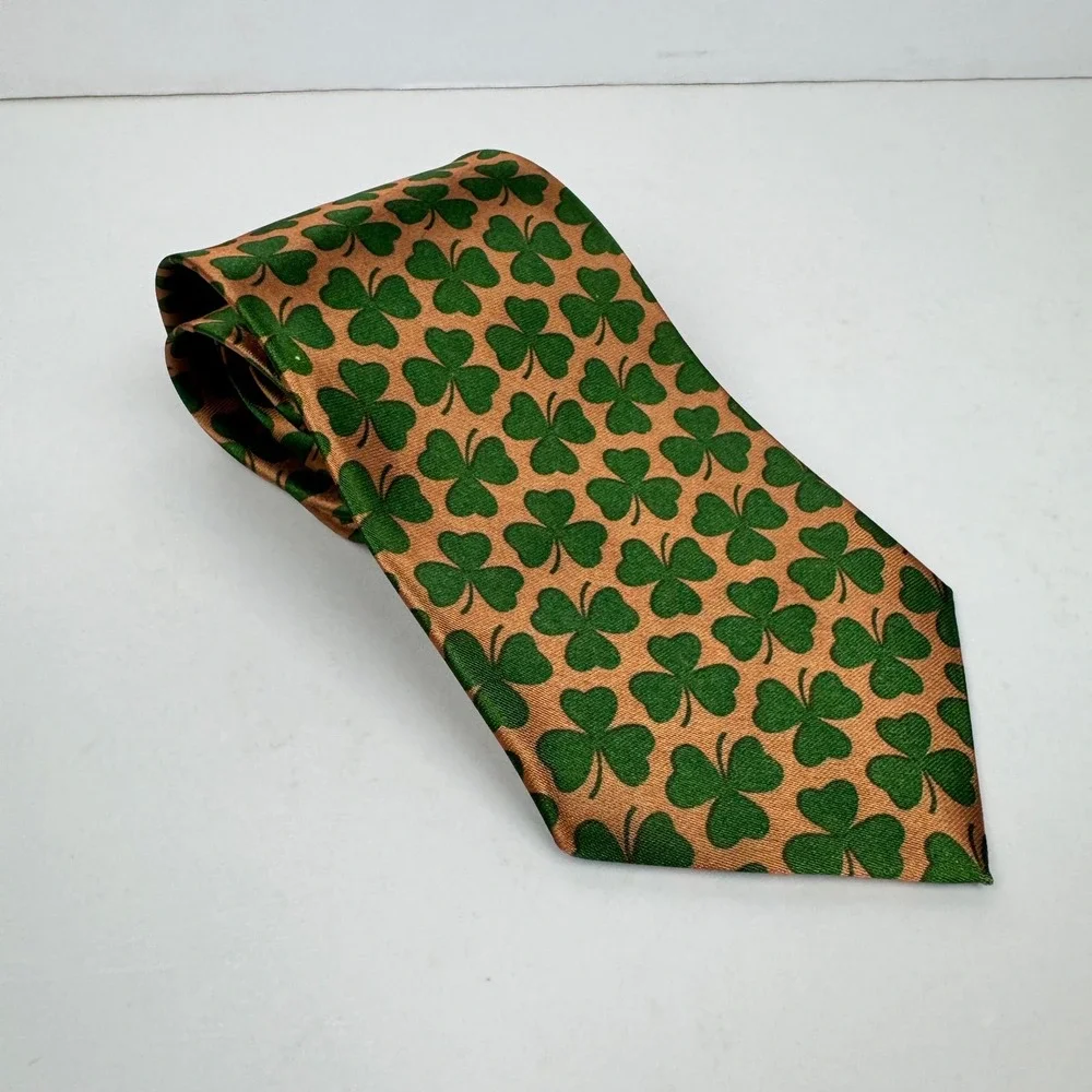 Irish St Patrick Pattys Day Green Clover Tan Gold Neck Tie Novelty Polyester
